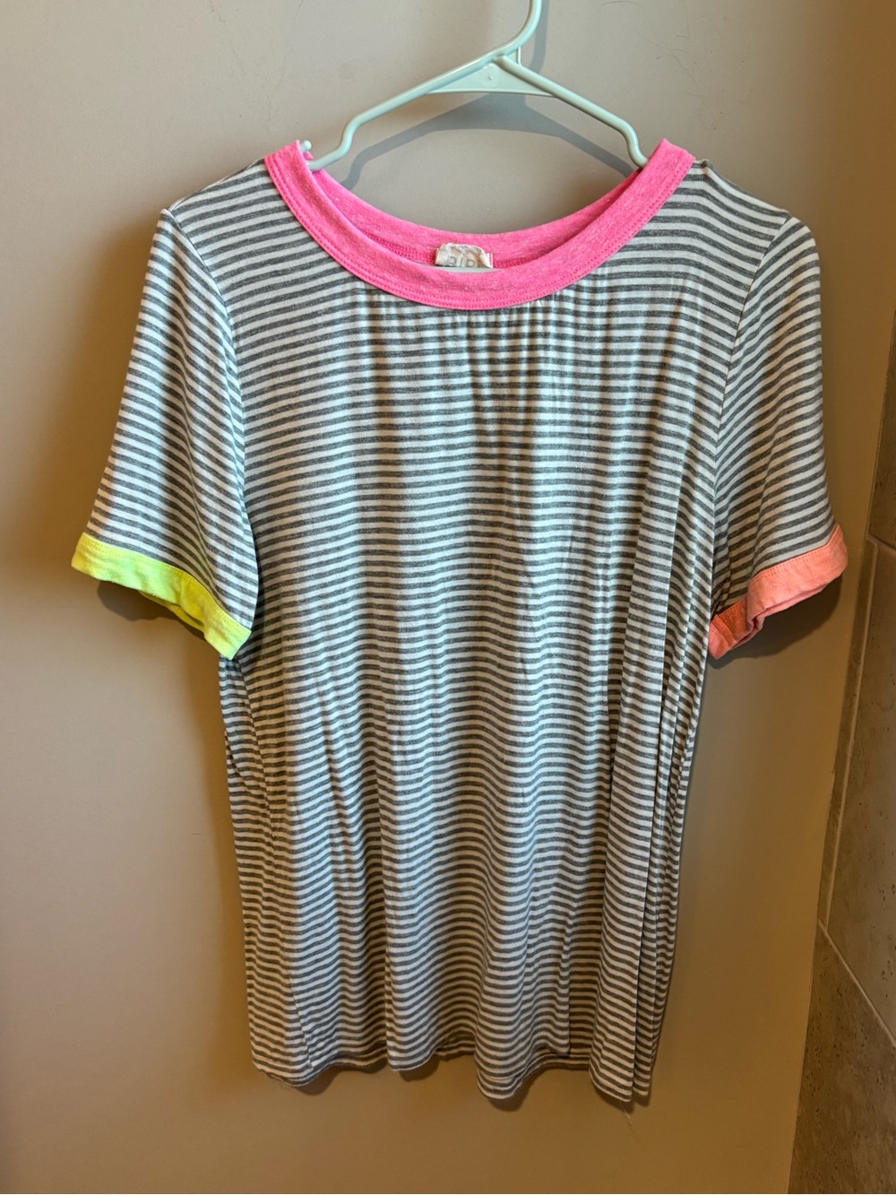 BiBi Gray & White Stripe Tee with Pink Neck and Neon Sleeve Accents